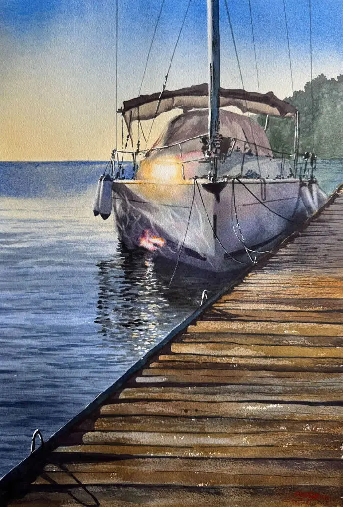 Watercolor painting by Russian artist Igor Dubovoy titled Morning Light, depicting a sailboat moored beside a wooden pier on calm blue water, with warm sunlight illuminating the boat and casting golden reflections across the scene.