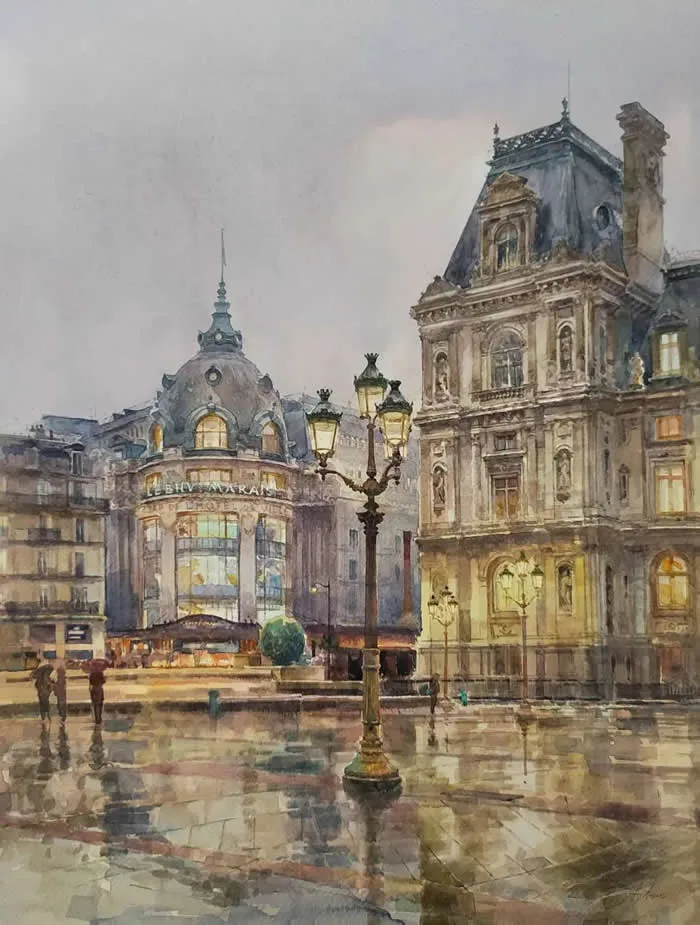Watercolor painting by Ukrainian artist Anton Yatsyk titled Evening City, Paris, depicting elegant historic Parisian buildings, ornate streetlamps, and pedestrians crossing a rain-soaked square, with warm window lights and beautiful reflections across the wet pavement.