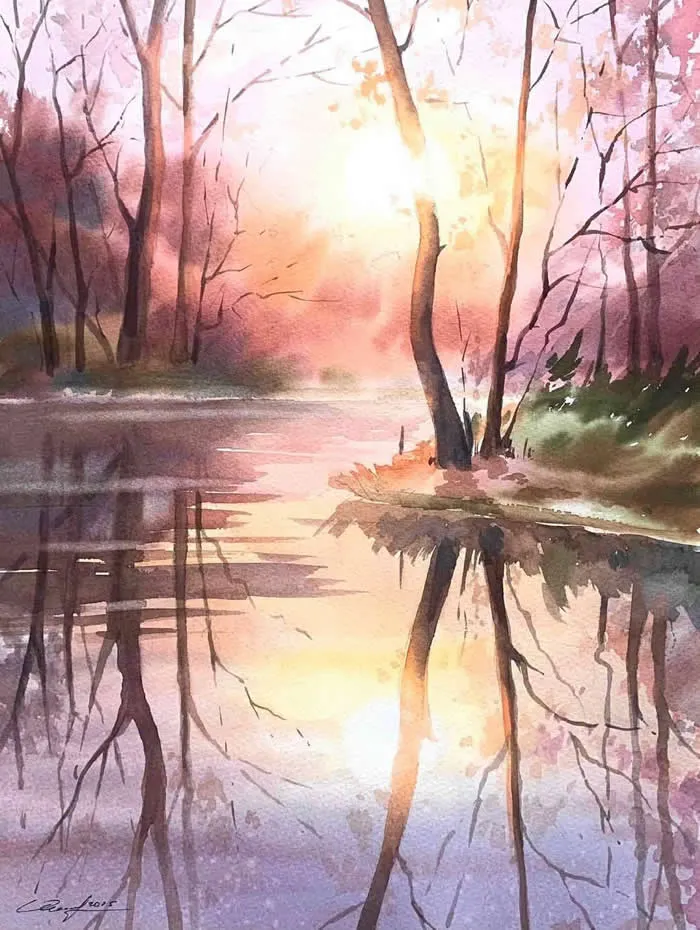 Watercolor painting by Ukrainian artist Olga Kharchenko depicting a tranquil woodland pond at sunset, with slender trees, pink and purple foliage, glowing golden light, and delicate reflections mirrored across the still water.