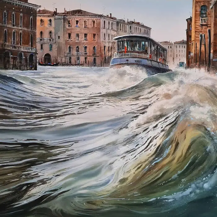 Watercolor painting by Spanish artist Pablo Rub&eacute;n depicting a Venetian waterbus cutting through choppy canal water, with dramatic swirling waves in the foreground and historic Venetian buildings lining the waterfront beneath a pale sky.