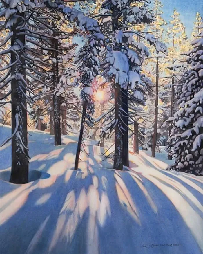 Watercolor painting by American artist Lisa Jefferson titled Trees, depicting a snowy forest of tall evergreen trees illuminated by warm sunlight, with golden highlights on snow-covered branches and long blue shadows stretching across the ground.