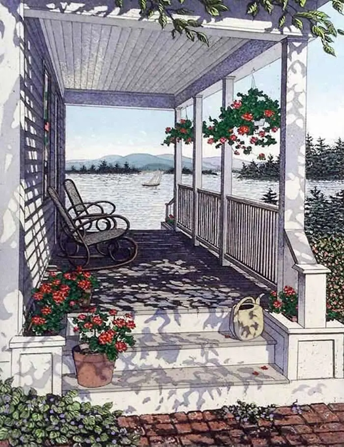 Etching with watercolor by Canadian artist Carol Collette titled Cottage by the Lake, depicting a charming porch with rocking chairs, hanging flower baskets, potted red blooms, and leafy shadows, overlooking a tranquil lake and distant hills.