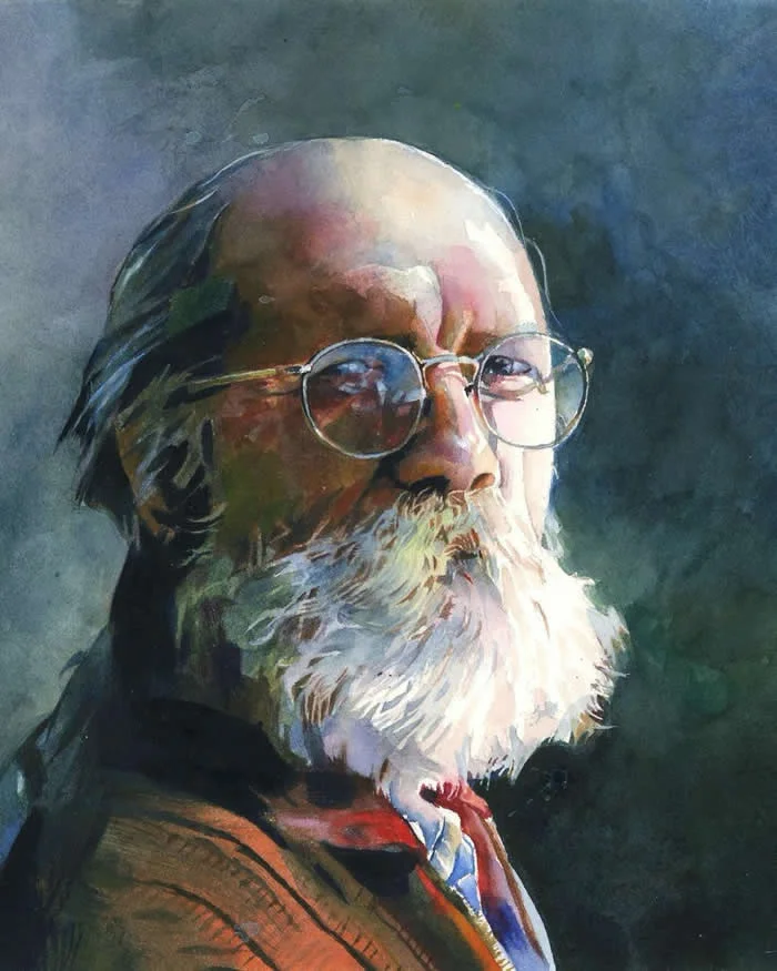 Watercolor portrait by American artist Stan Miller depicting an elderly man with a long white beard, round glasses, and dark hair, wearing a brown coat and colorful tie against a moody blue-green background.